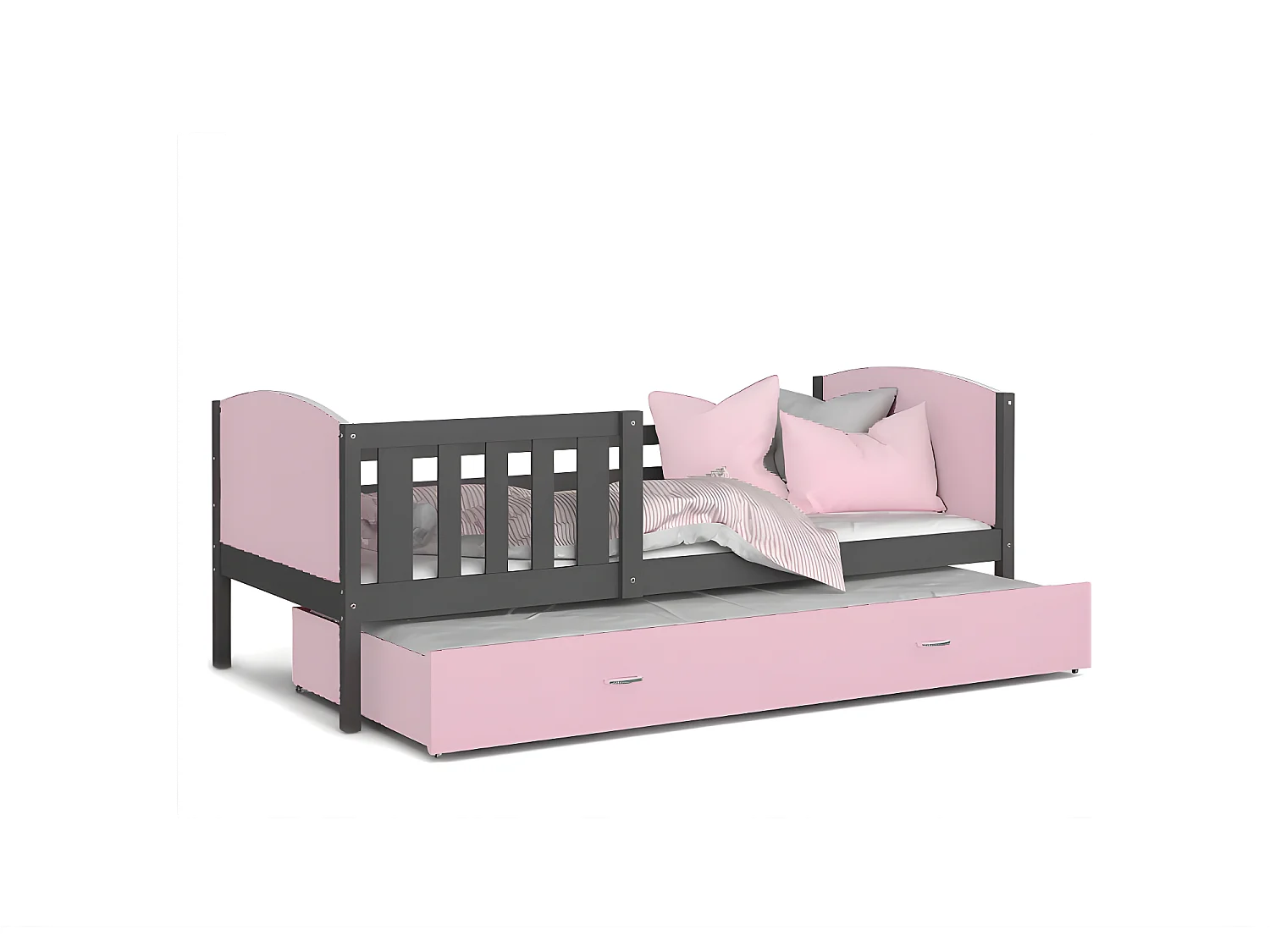Lit Gigogne Tomy 90x190 Gris - rose Livré avec sommiers, tiroir et matelas en mousse de 7cm