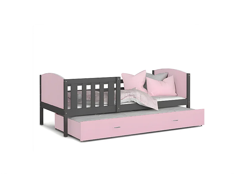 Lit Gigogne Tomy 90x190 Gris - rose Livré avec sommiers, tiroir et matelas en mousse de 7cm