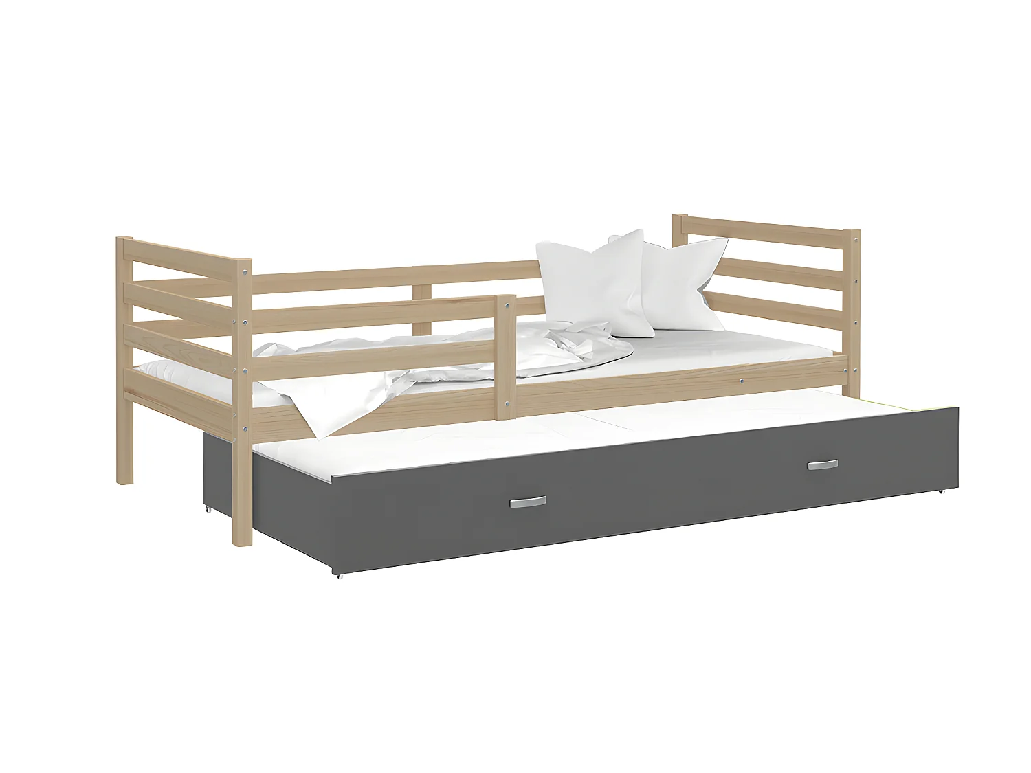 Lit Gigogne Milo 90x190 Pin - gris Livré avec sommiers, tiroir et matelas en mousse de 7cm
