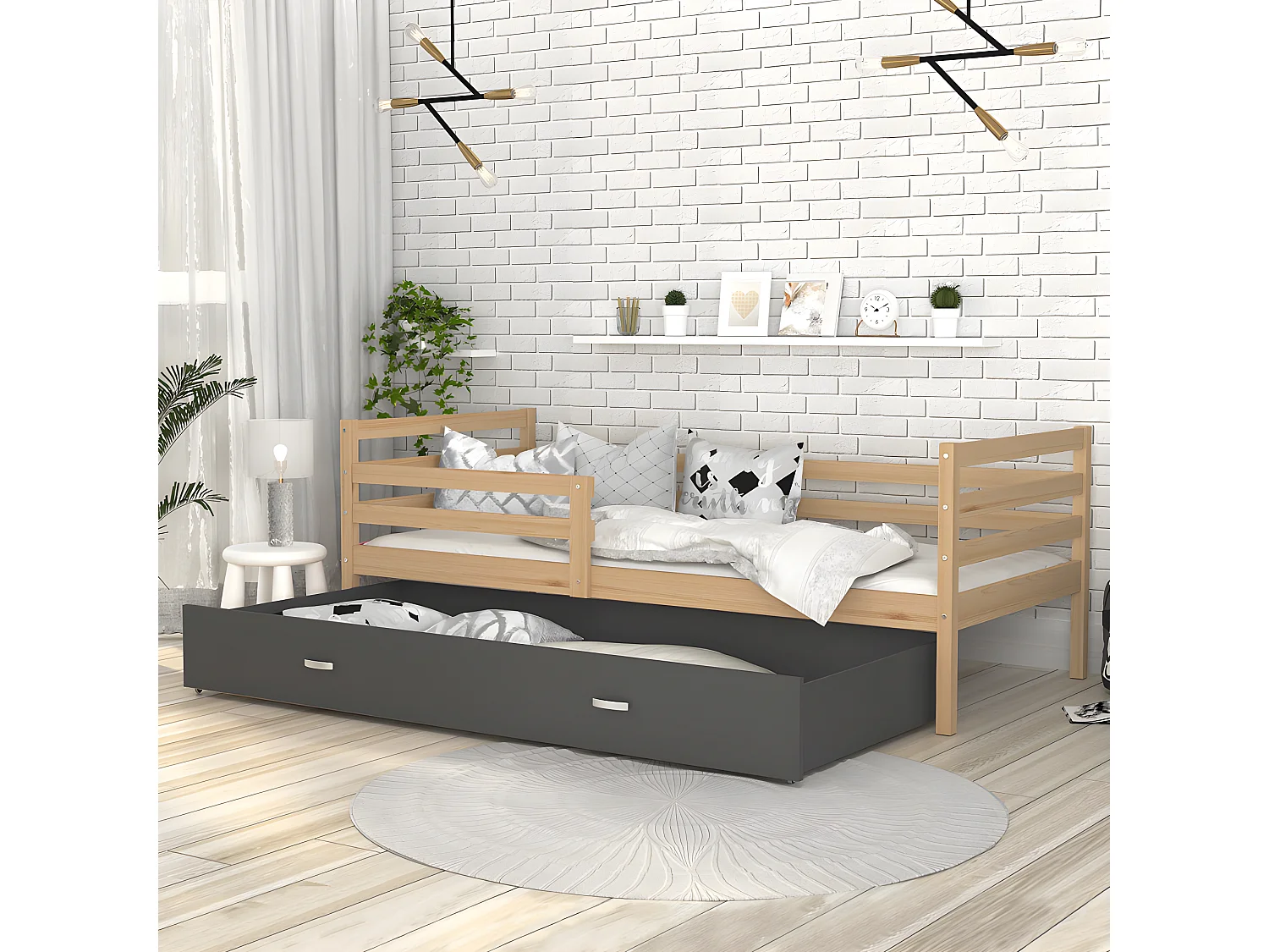 Lit Gigogne Milo 90x190 Pin - gris Livré avec sommiers, tiroir et matelas en mousse de 7cm