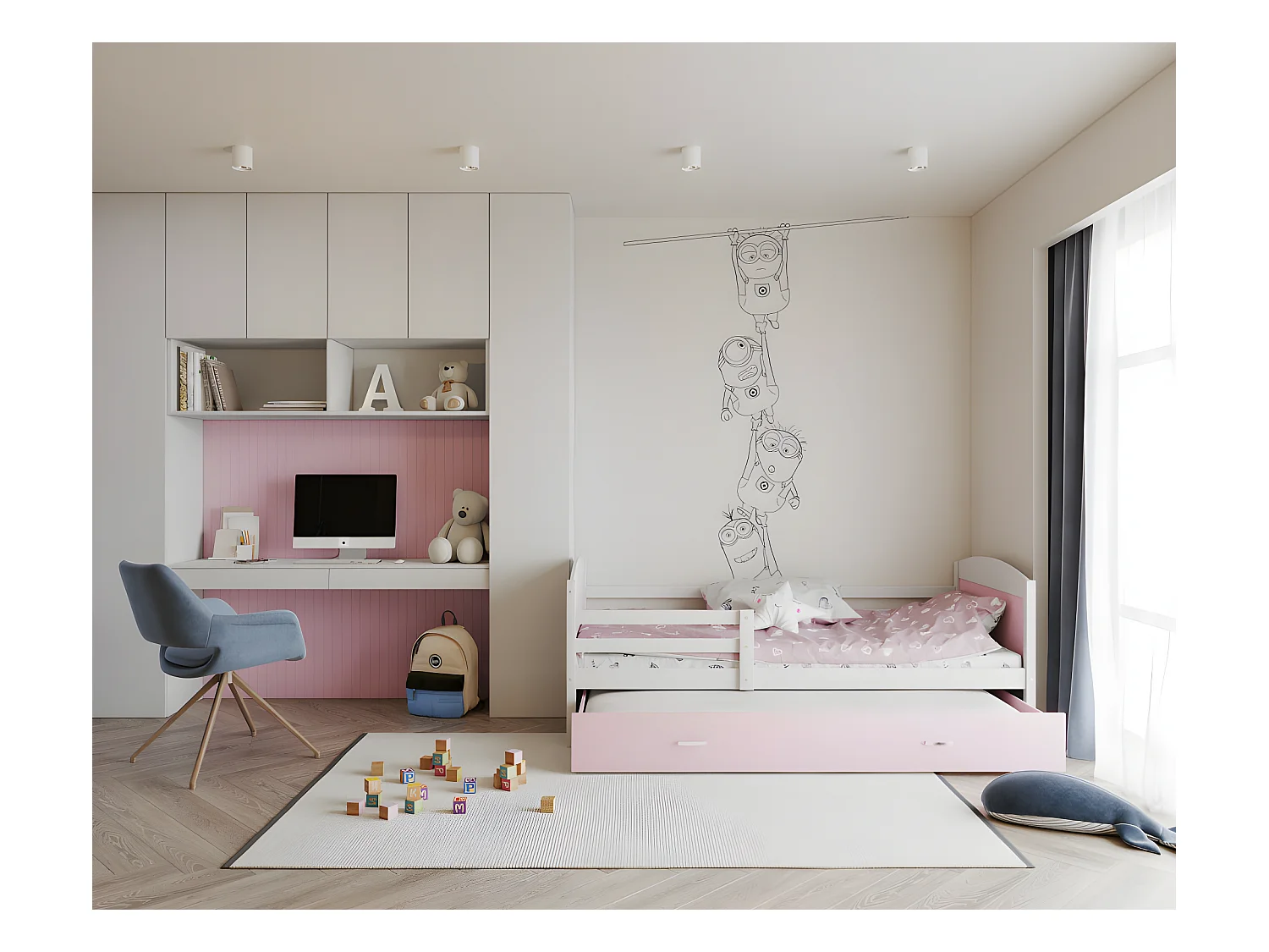 Lit Gigogne Mateo 90x190 Blanc - rose Livré avec sommiers, tiroir et matelas en mousse de 7cm