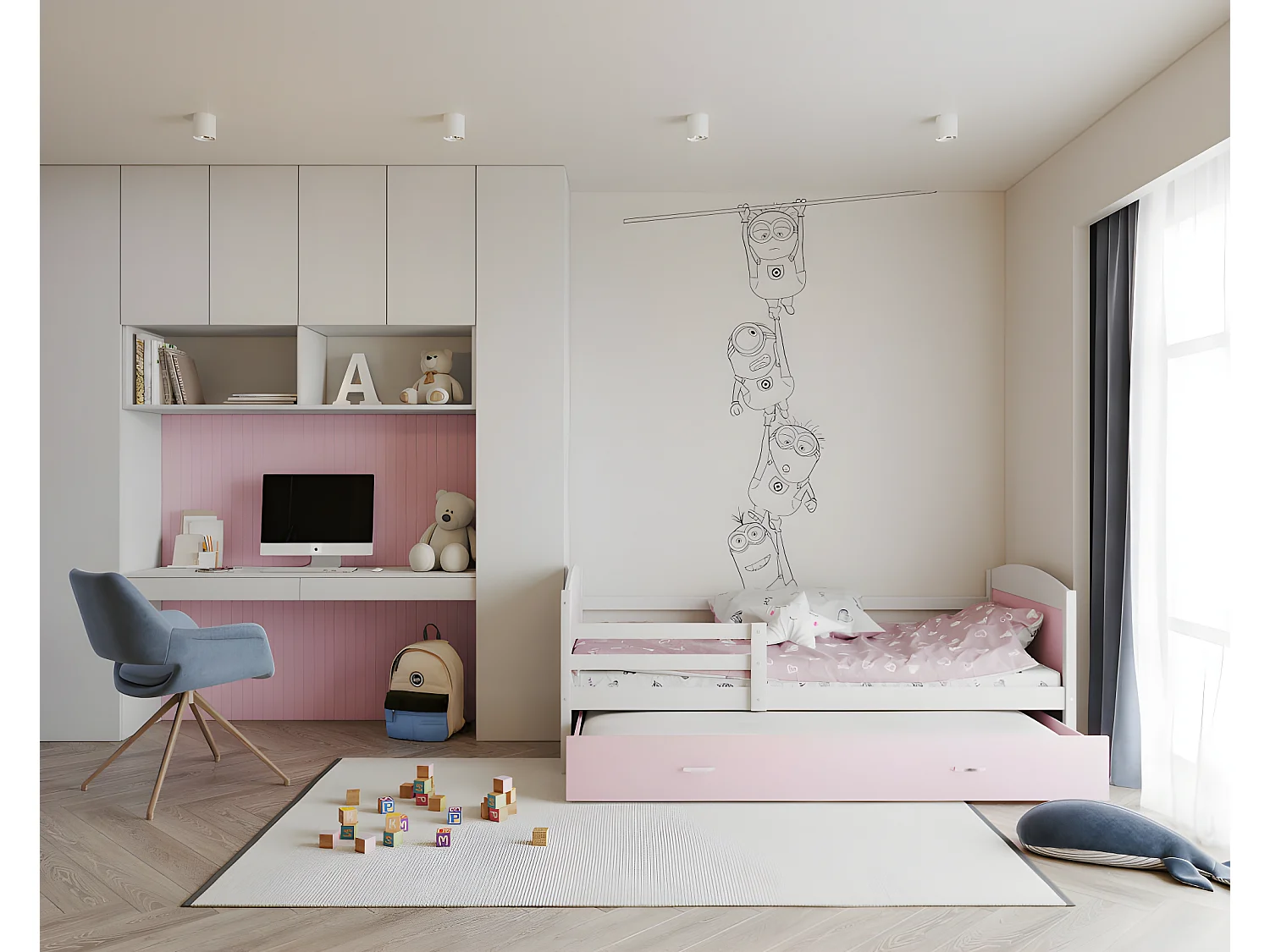 Lit Gigogne Mateo 90x190 Blanc - rose Livré avec sommiers, tiroir et matelas en mousse de 7cm