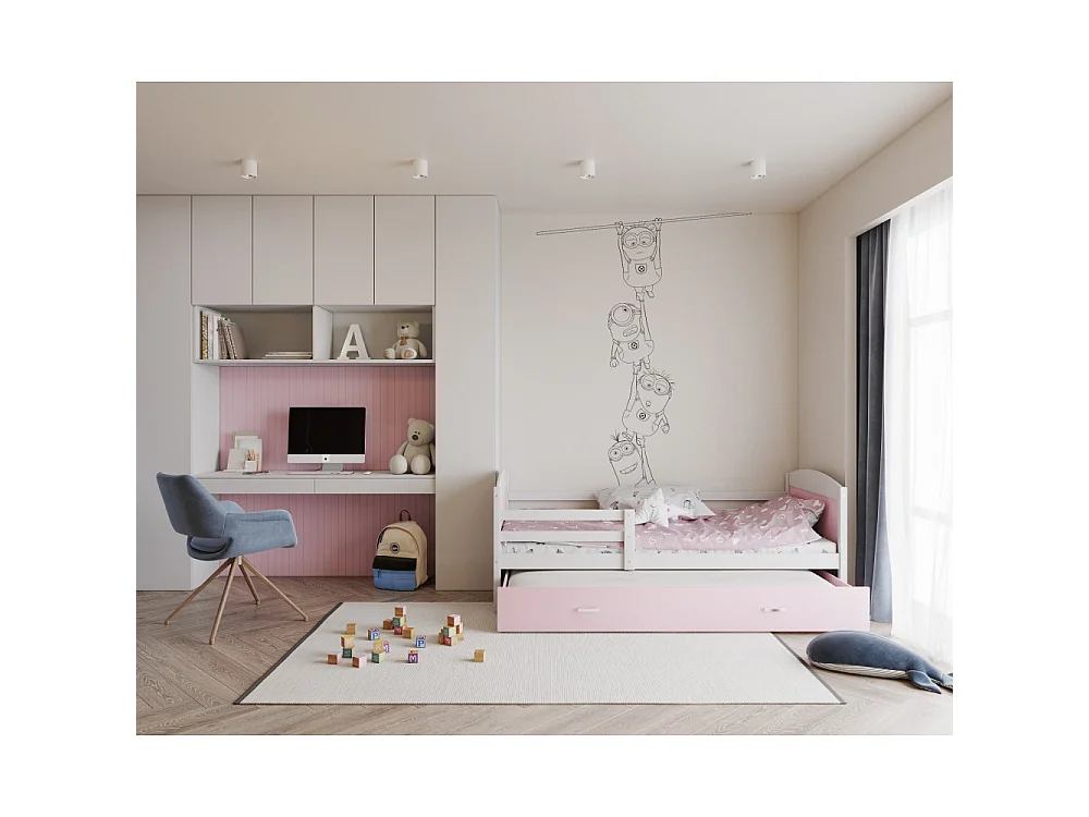 Lit Gigogne Mateo 90x190 matelas inclus Blanc - rose