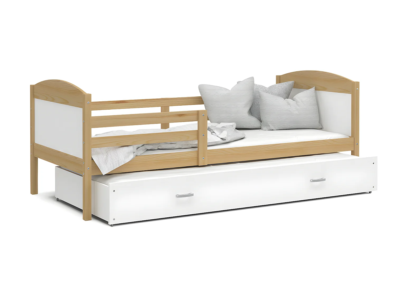 Lit Gigogne Mateo 90x190 Pin - blanc Livré avec sommiers, tiroir et matelas en mousse de 7cm