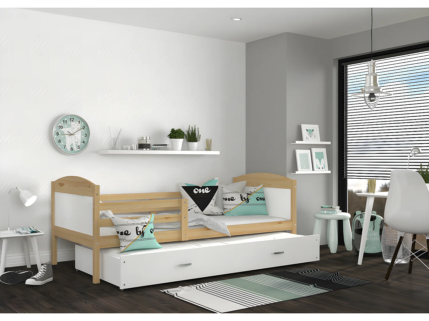 Lit Gigogne Mateo 90x190 Pin - blanc Livré avec sommiers, tiroir et matelas en mousse de 7cm