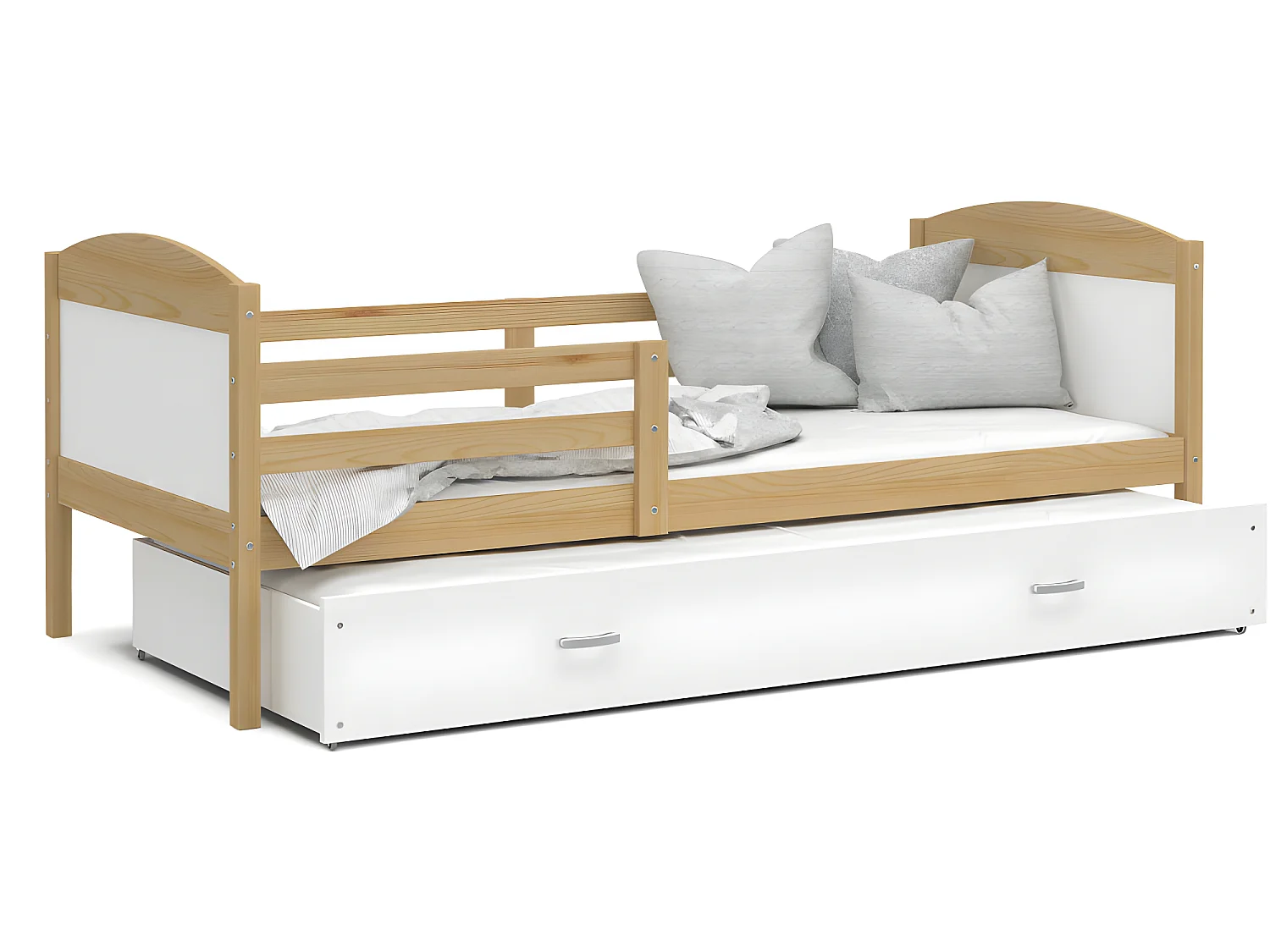 Lit Gigogne Mateo 90x190 Pin - blanc Livré avec sommiers, tiroir et matelas en mousse de 7cm
