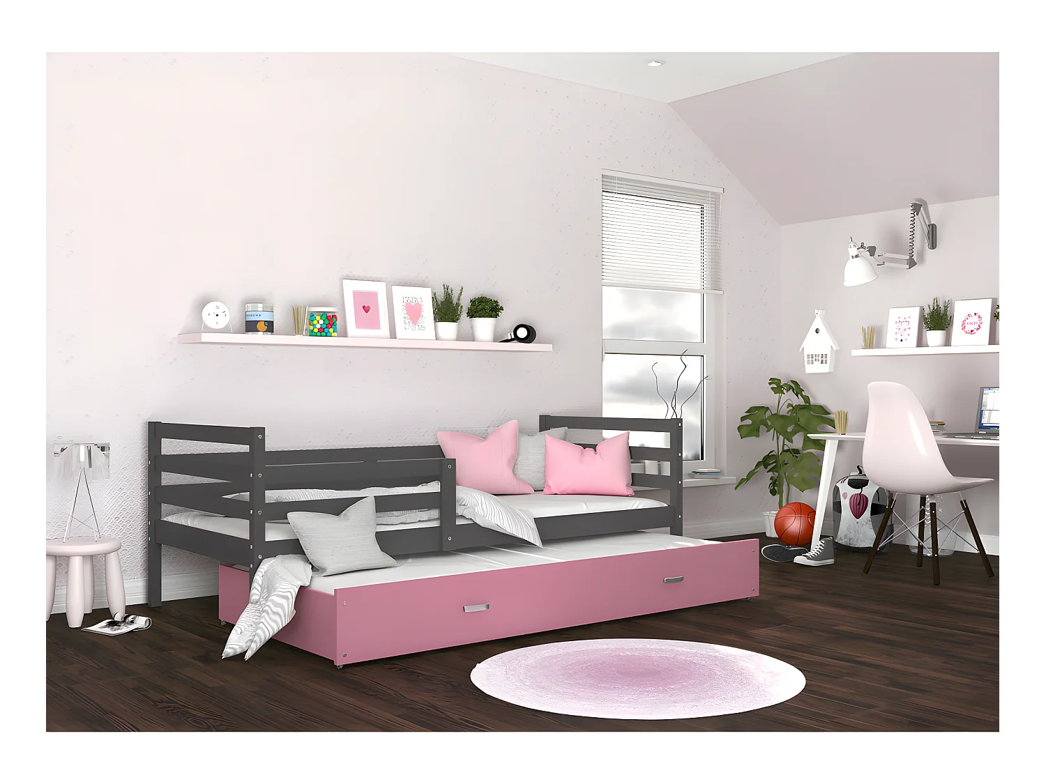 Lit Gigogne Milo 90x190 Gris - rose Livré avec sommiers, tiroir et matelas en mousse de 7cm