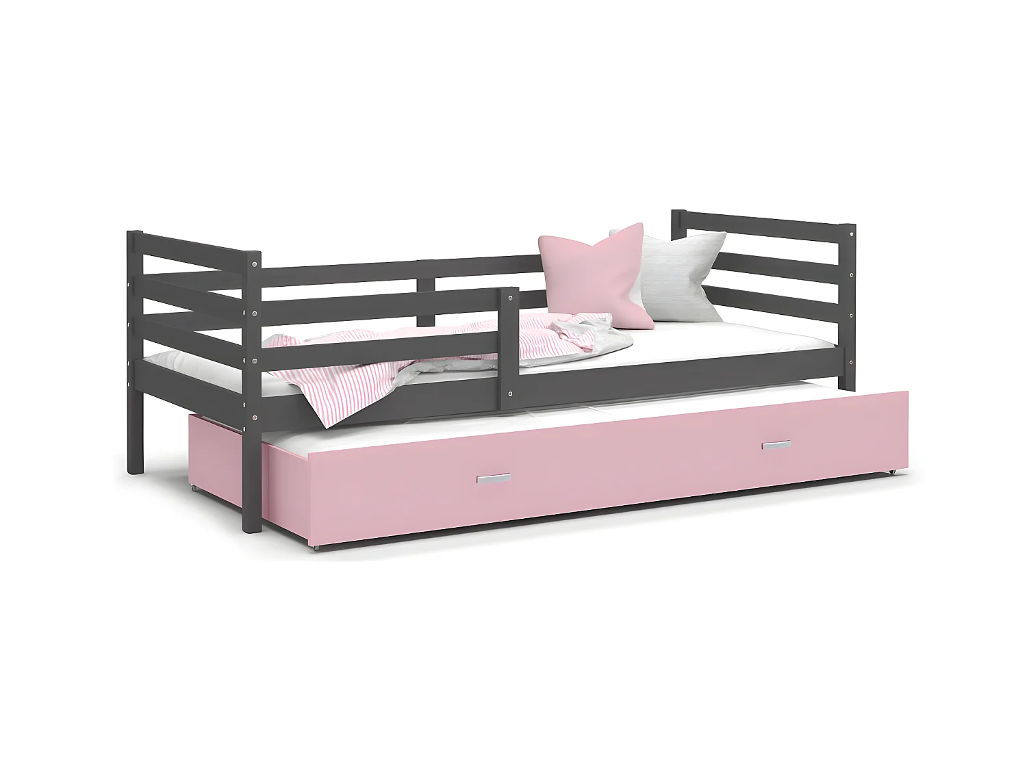Lit Gigogne Milo 90x190 Gris - rose Livré avec sommiers, tiroir et matelas en mousse de 7cm