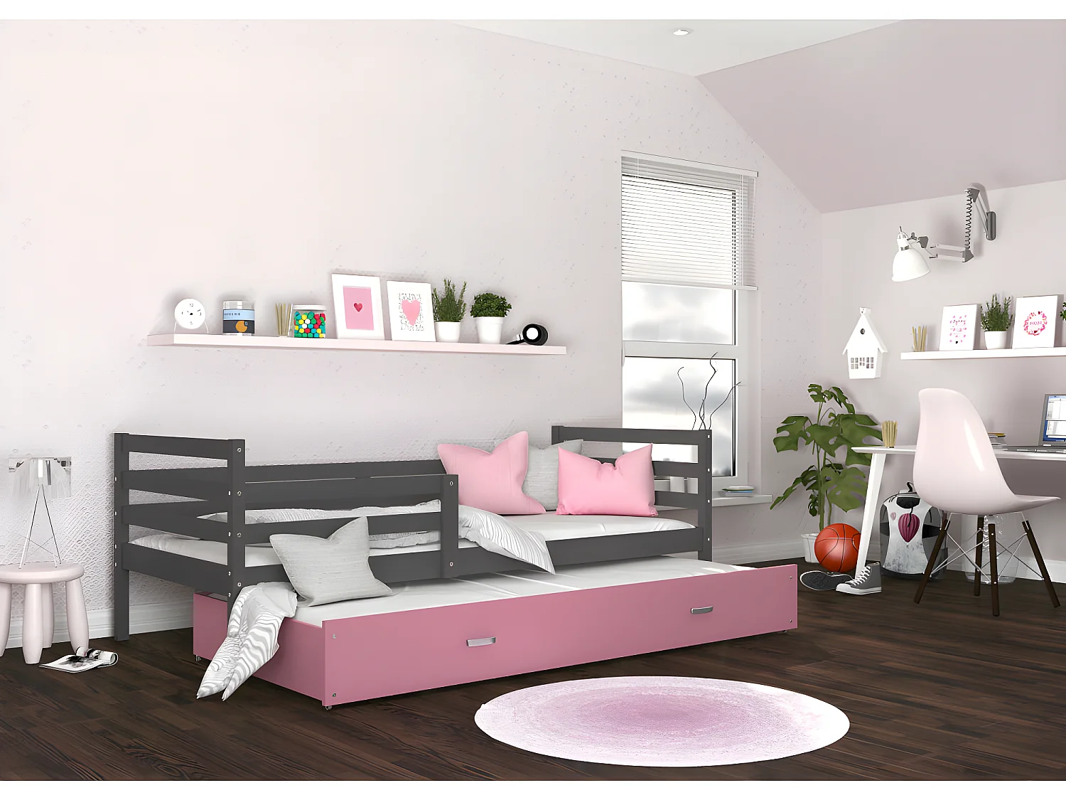 Lit Gigogne Milo 90x190 Gris - rose Livré avec sommiers, tiroir et matelas en mousse de 7cm