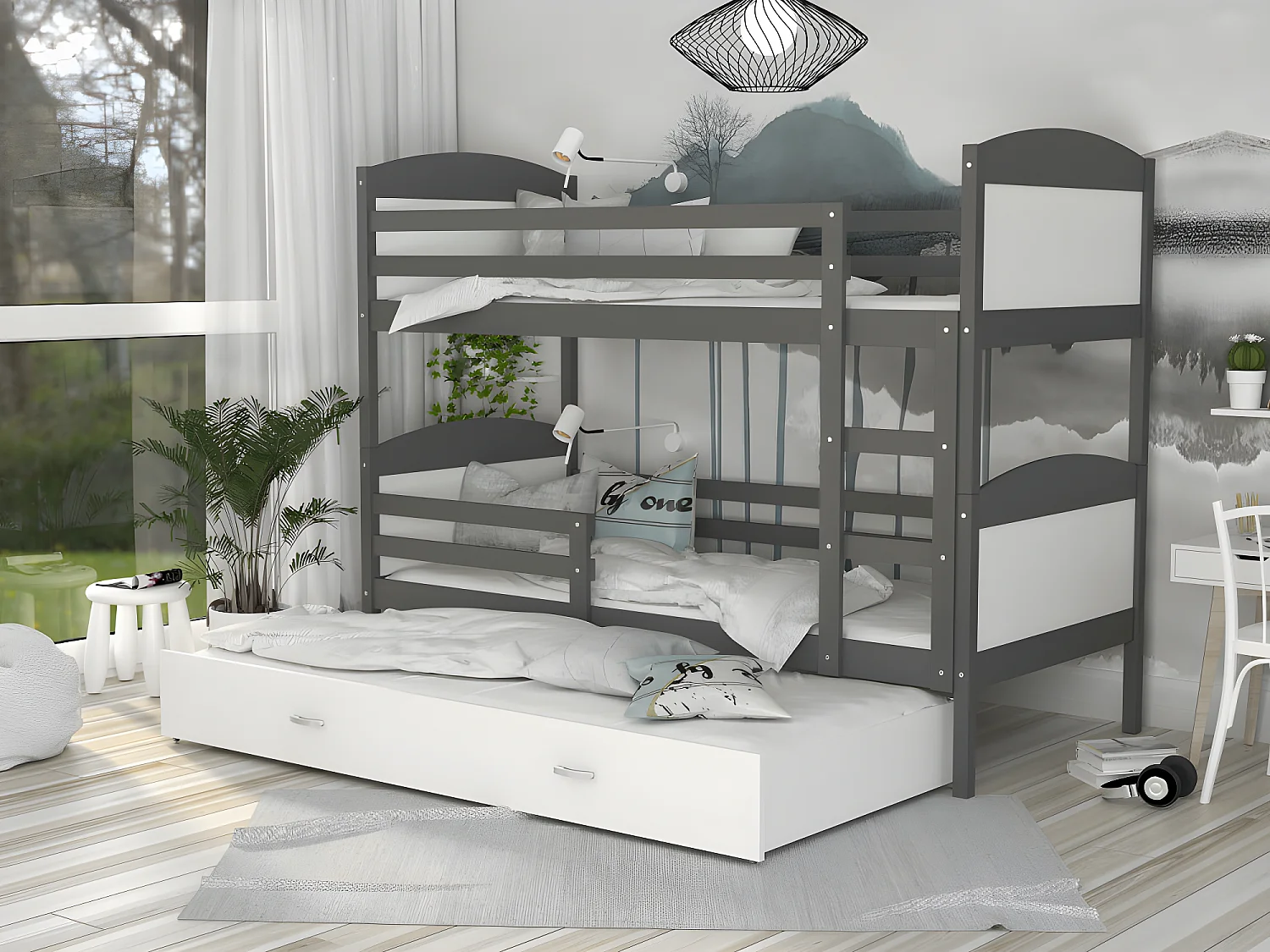 Lit Superposé 3 Places Mateo 90x190 Gris - blanc Livré avec sommiers, tiroir et matelas en mousse de 7cm