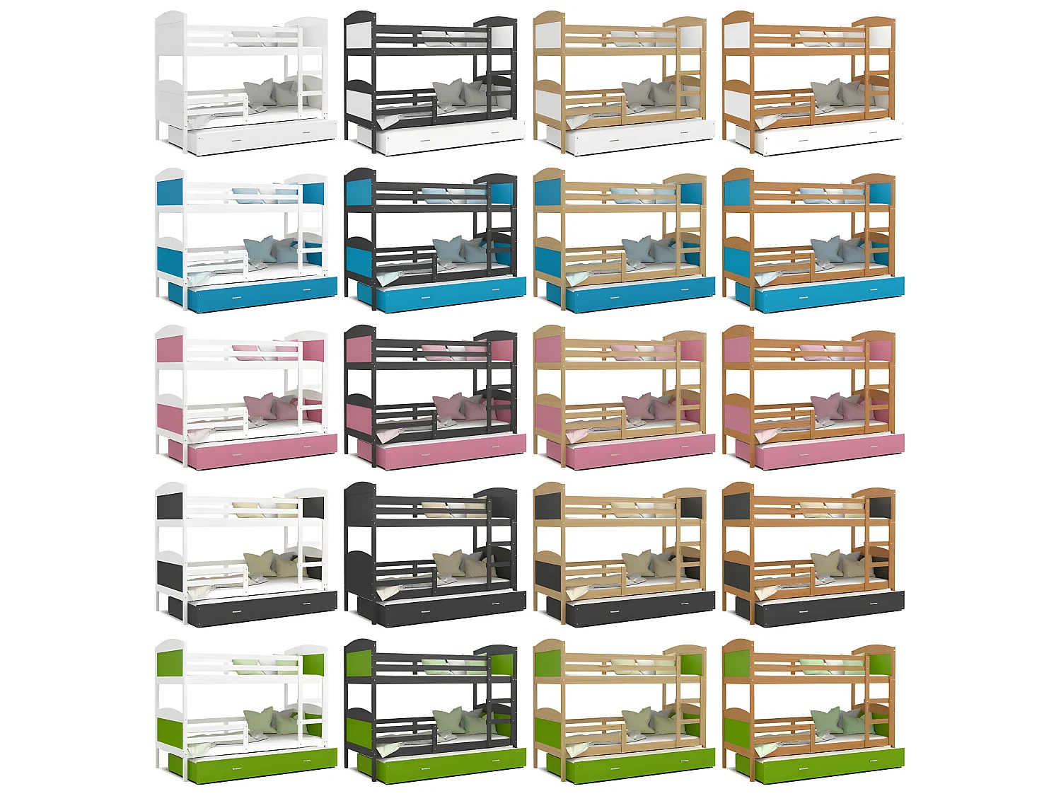 Lit Superposé 3 Places Mateo 90x190 Gris - blanc Livré avec sommiers, tiroir et matelas en mousse de 7cm