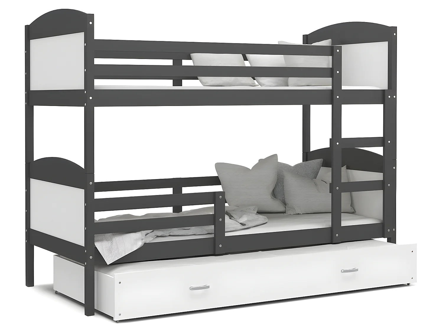 Lit Superposé 3 Places Mateo 90x190 Gris - blanc Livré avec sommiers, tiroir et matelas en mousse de 7cm