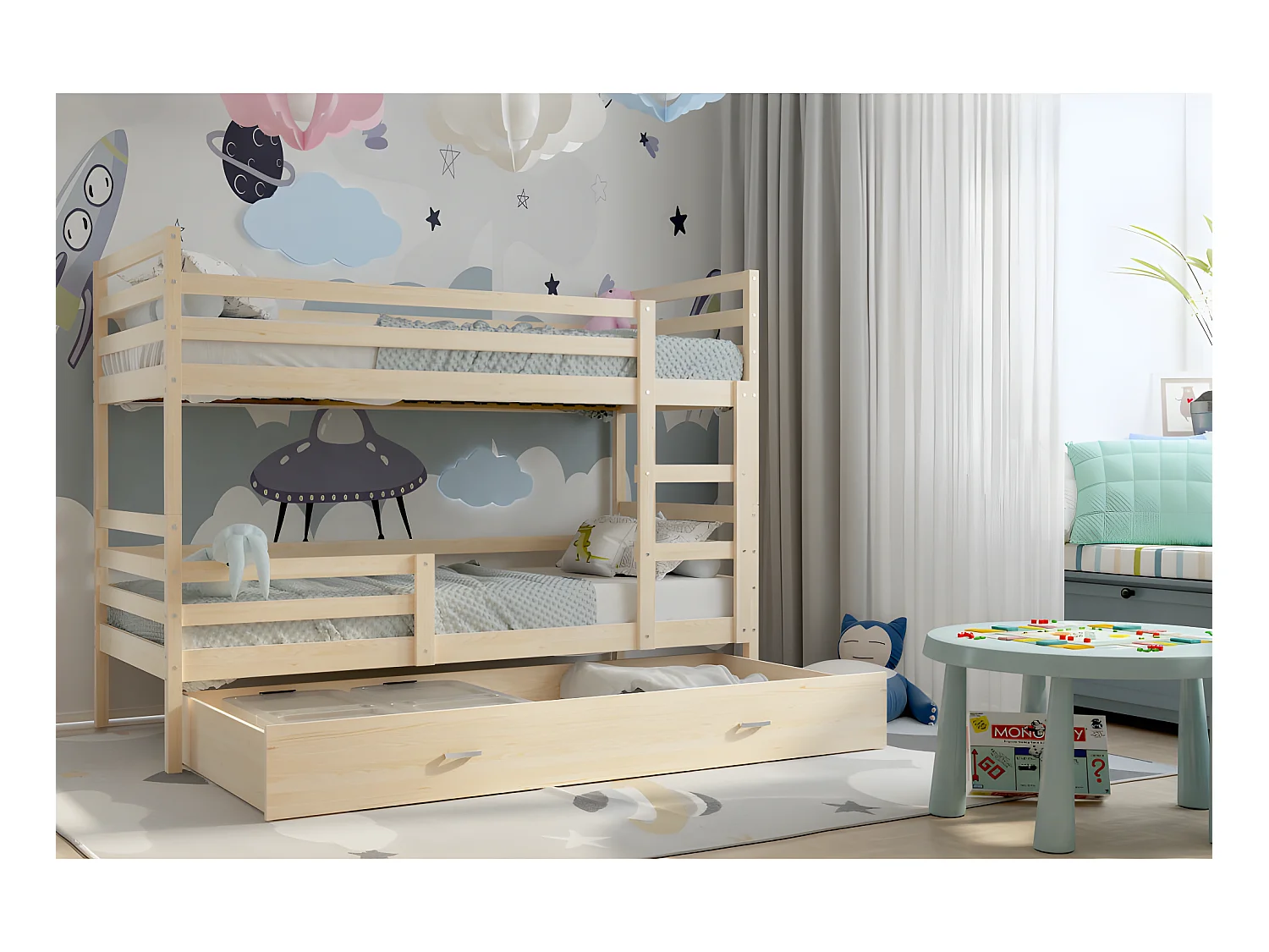 Lit Superposé Milo 90x190 Pin Livré avec sommiers, tiroir et matelas en mousse de 7cm