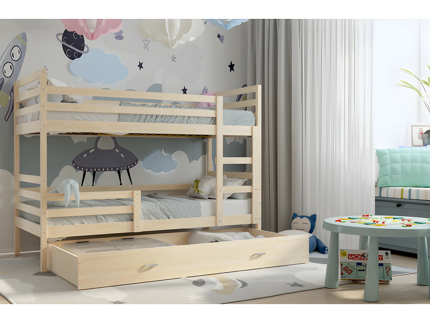 Lit Superposé Milo 90x190 Pin Livré avec sommiers, tiroir et matelas en mousse de 7cm