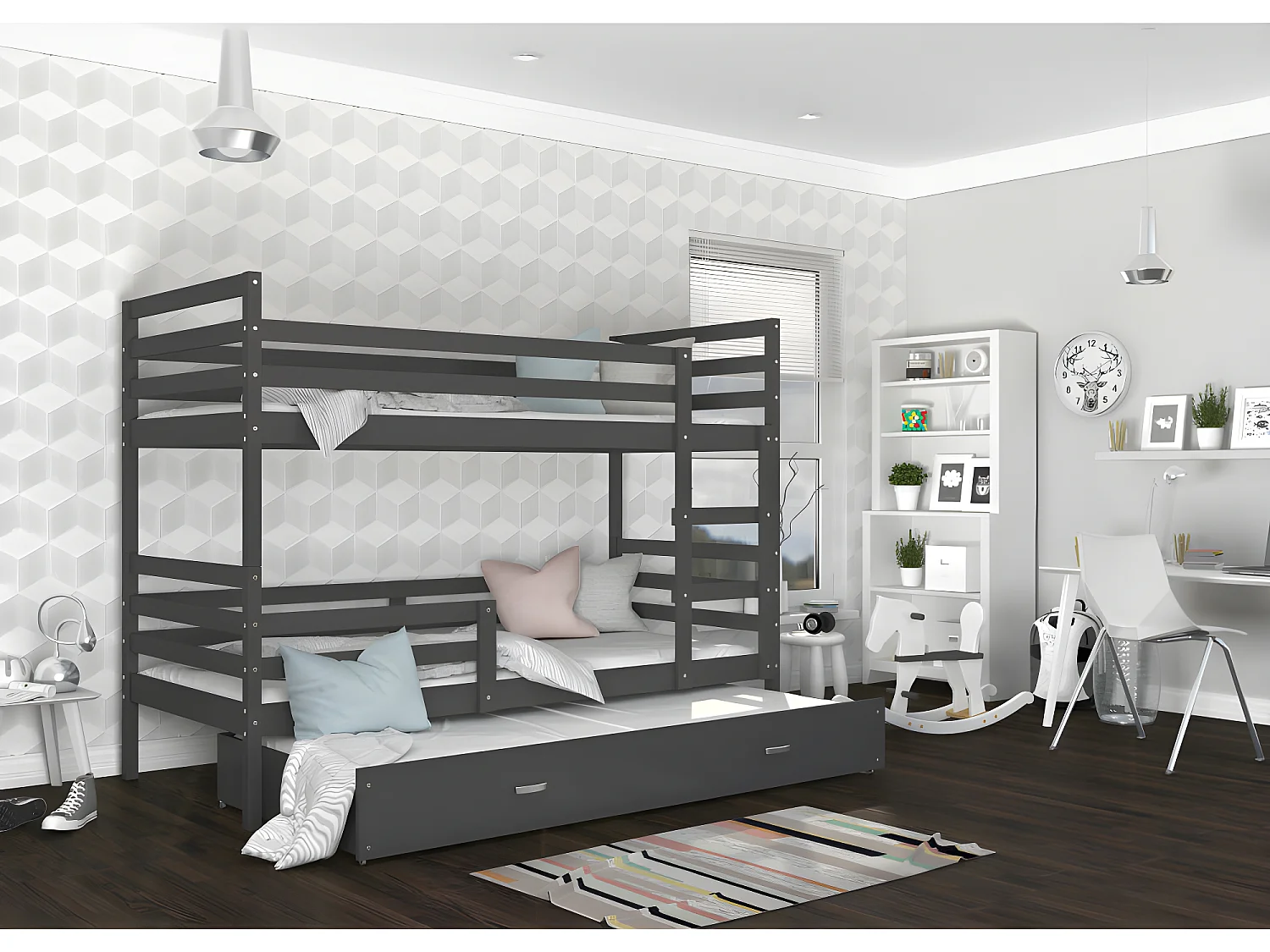 Lit Superposé 3 Places Milo 90x190 Gris Livré avec sommiers, tiroir et matelas en mousse de 7cm