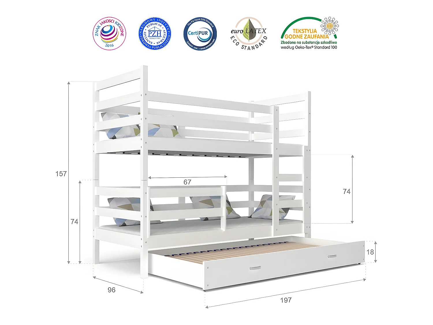 Lit Superposé 3 Places Milo 90x190 Gris Livré avec sommiers, tiroir et matelas en mousse de 7cm