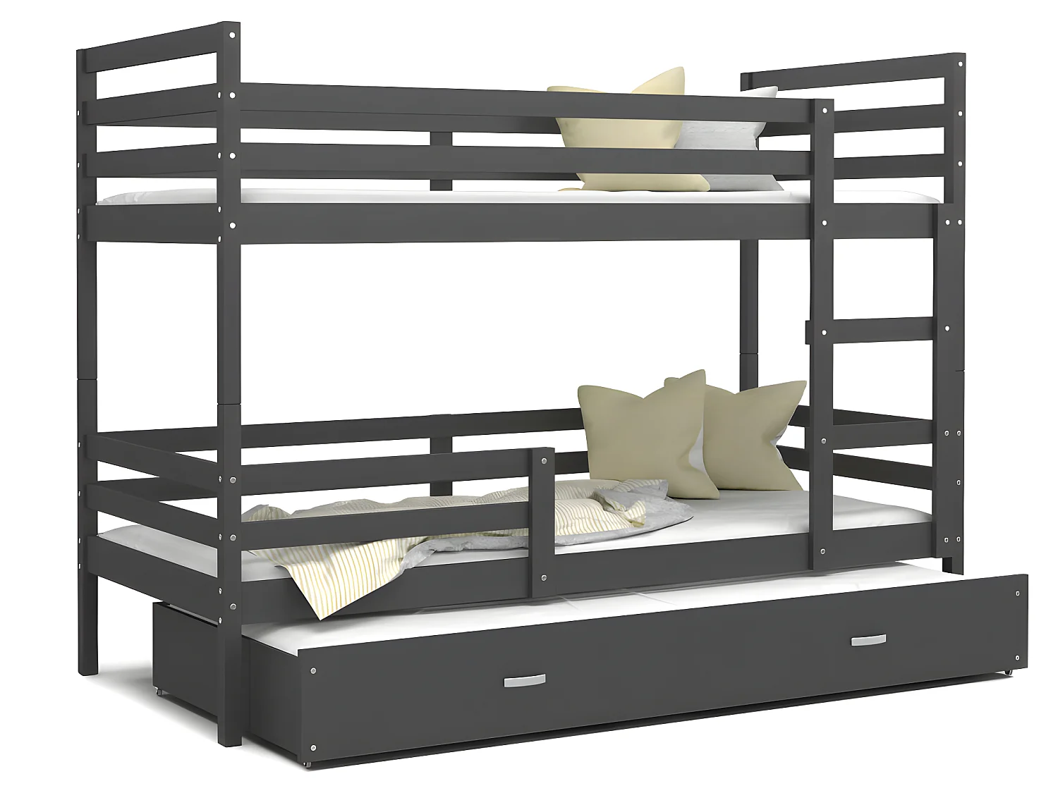 Lit Superposé 3 Places Milo 90x190 Gris Livré avec sommiers, tiroir et matelas en mousse de 7cm