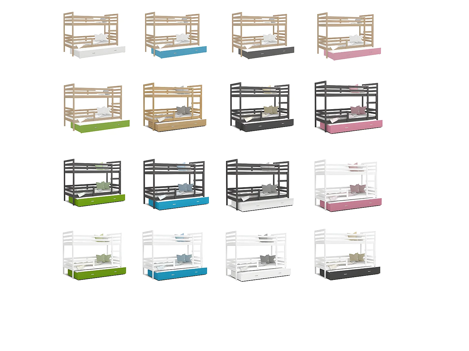 Lit Superposé 3 Places Milo 90x190 Gris Livré avec sommiers, tiroir et matelas en mousse de 7cm