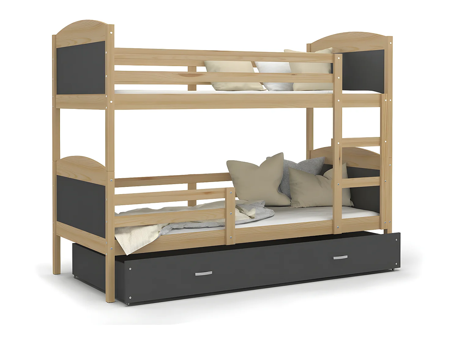 Lit Superposé Mateo 90x190 Pin - gris Livré avec sommiers, tiroir et matelas en mousse de 7cm