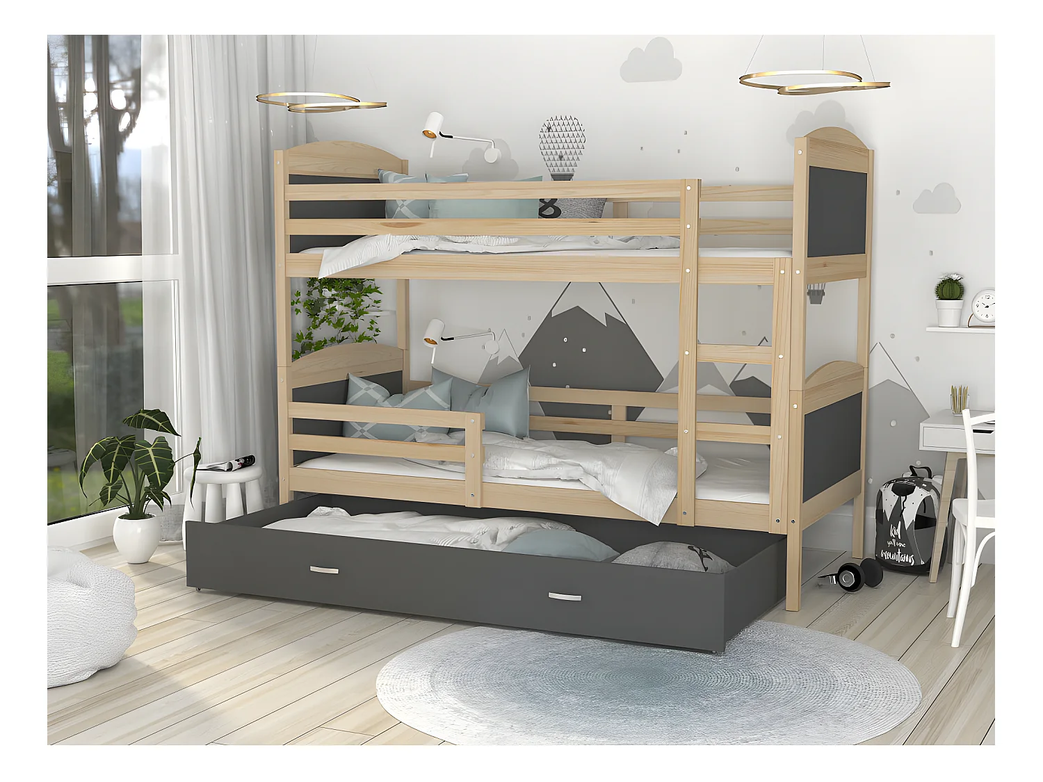 Lit Superposé Mateo 90x190 Pin - gris Livré avec sommiers, tiroir et matelas en mousse de 7cm