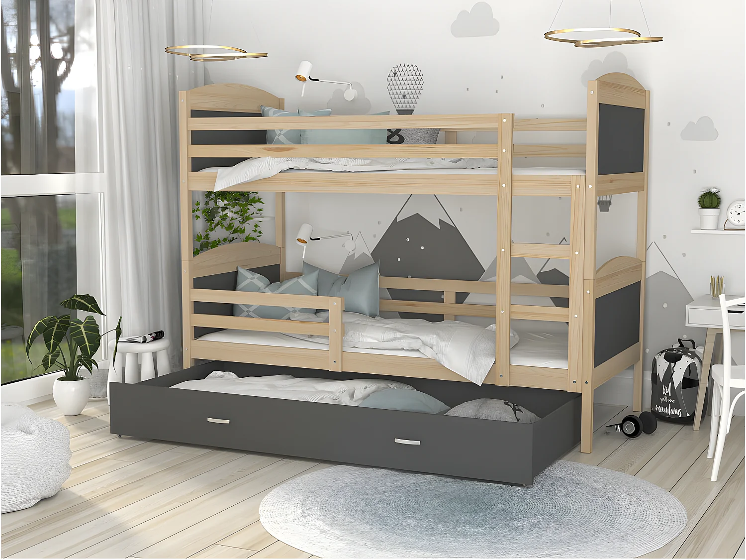Lit Superposé Mateo 90x190 Pin - gris Livré avec sommiers, tiroir et matelas en mousse de 7cm
