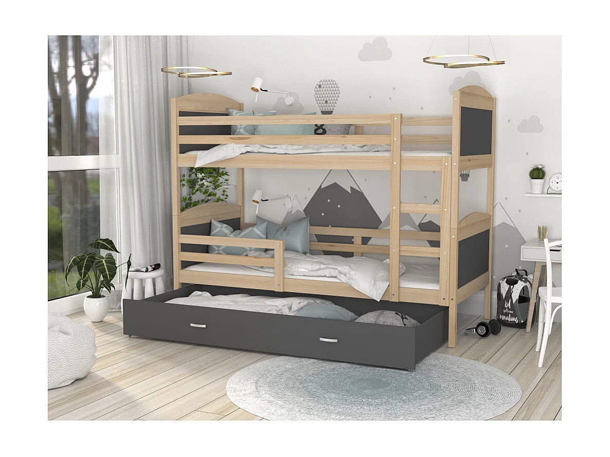 Lit Superposé Mateo 90x190 tiroir + Matelas Pin - gris