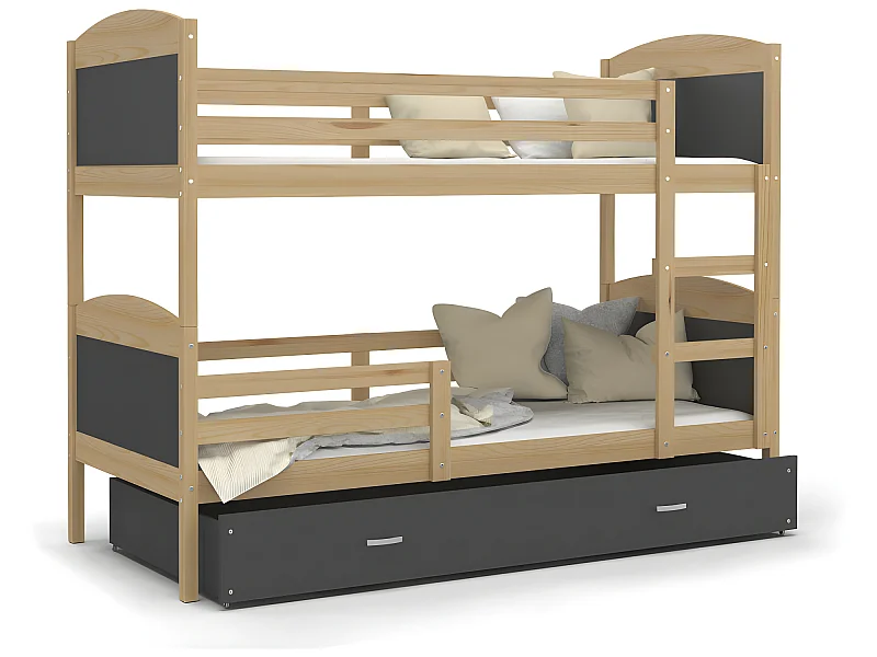 Lit Superposé Mateo 90x190 Pin - gris Livré avec sommiers, tiroir et matelas en mousse de 7cm