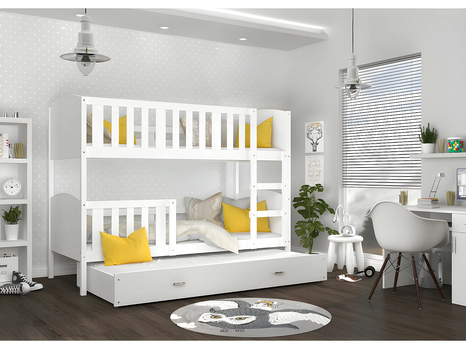 Lit Superposé 3 Places Tomy 90x190 Blanc - blanc Livré avec sommiers, tiroir et matelas en mousse de 7cm