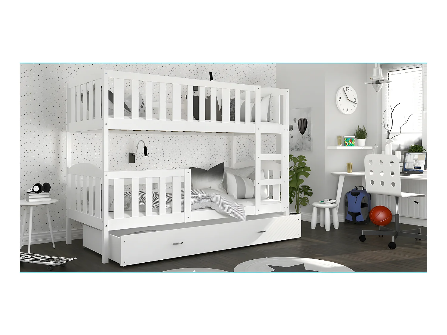 Lit Superposé Teo 80x160 Blanc - blanc Livré avec sommiers, tiroir et matelas en mousse de 7cm