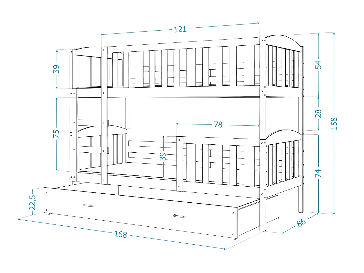 Lit Superposé Teo 80x160 Blanc - blanc Livré avec sommiers, tiroir et matelas en mousse de 7cm