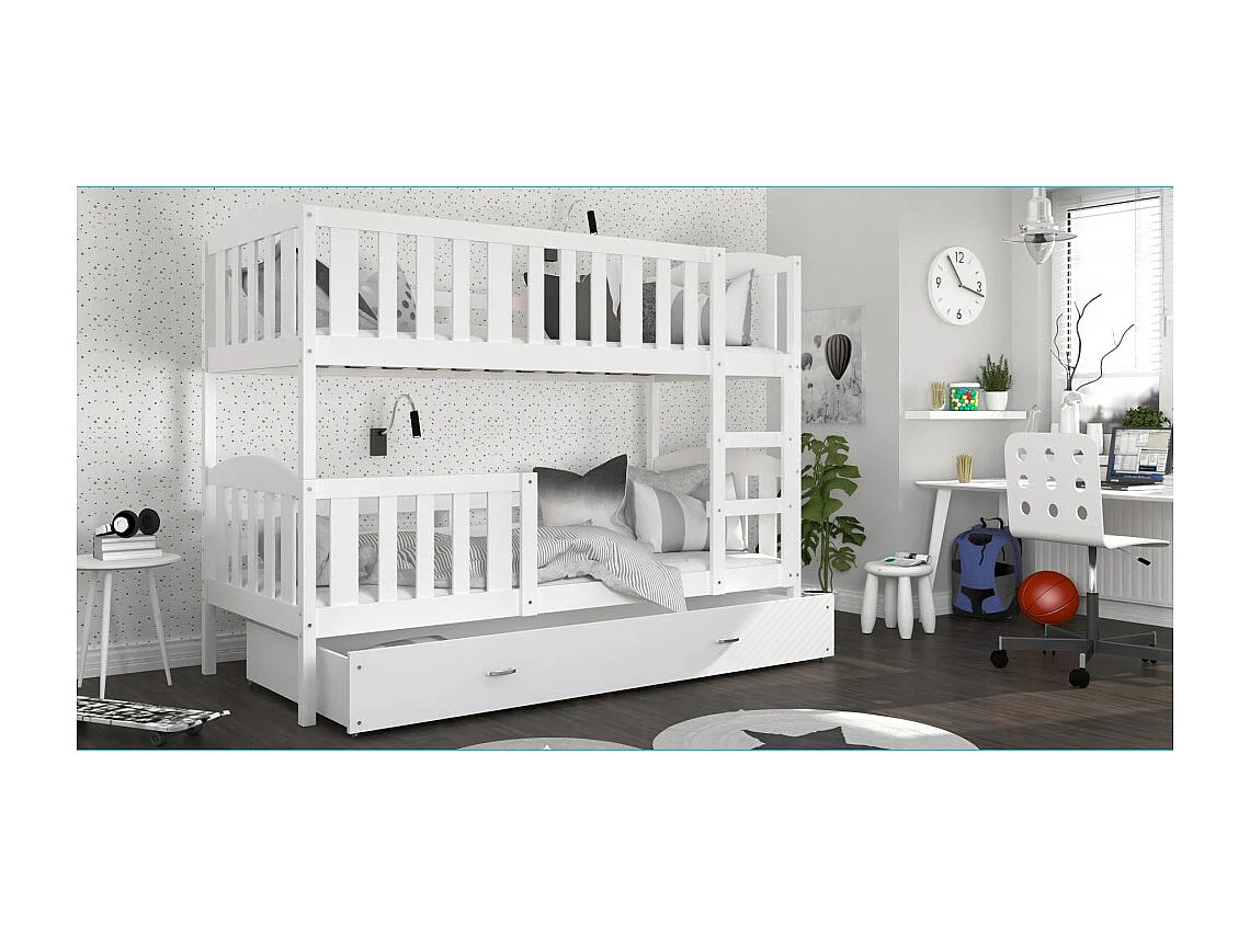 Lit Superposé Teo 80x160 Blanc - blanc Livré avec sommiers, tiroir et matelas en mousse de 7cm