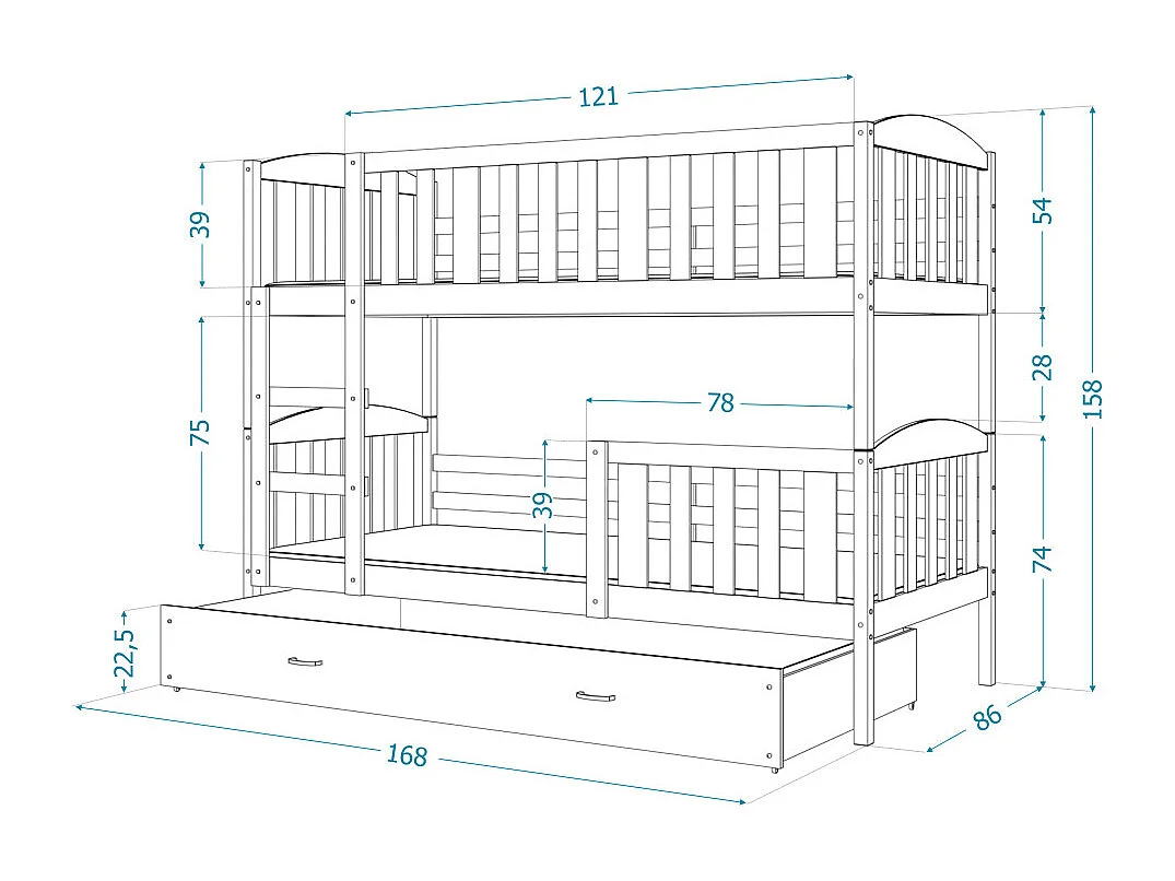 Lit Superposé Teo 80x160 Blanc - blanc Livré avec sommiers, tiroir et matelas en mousse de 7cm