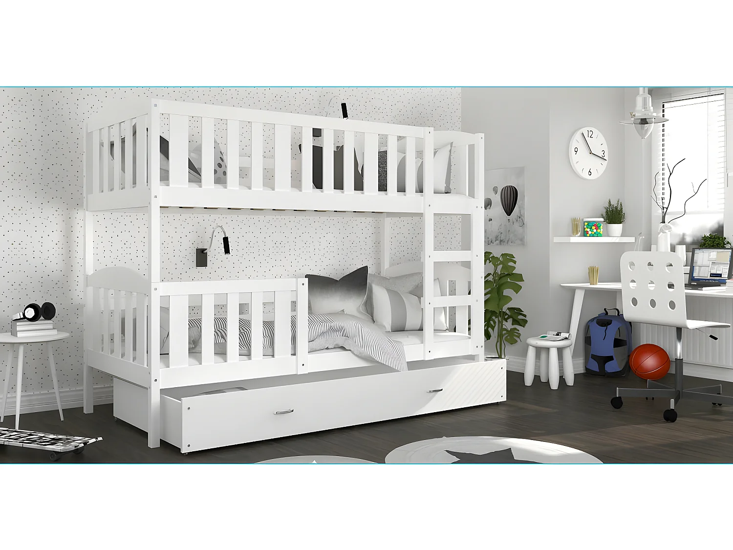 Lit Superposé Teo 80x160 Blanc - blanc Livré avec sommiers, tiroir et matelas en mousse de 7cm