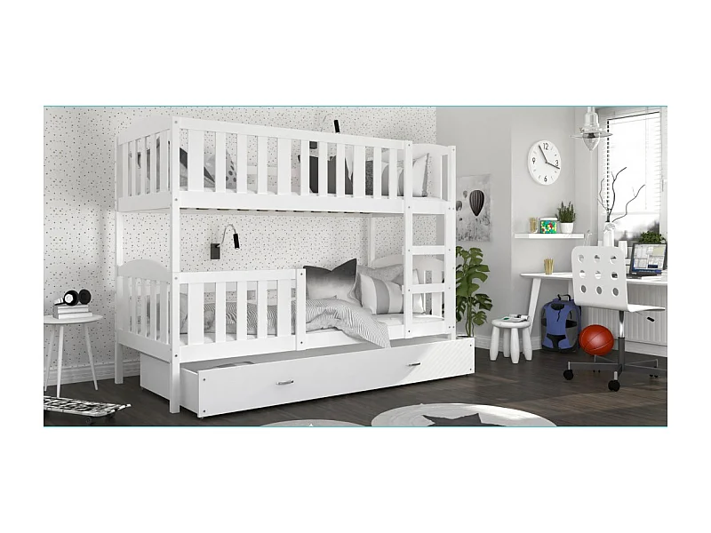 Lit Superposé Teo 80x160 Blanc - blanc Livré avec sommiers, tiroir et matelas en mousse de 7cm