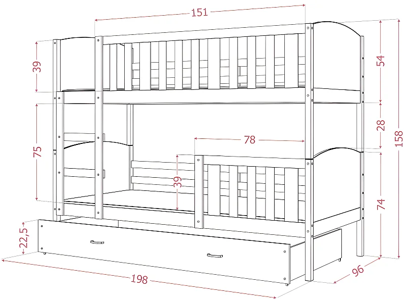 Lit Superposé Tami 90x190  (Sans Matelas) Gris - bleu Livré avec le sommiers et tiroir.