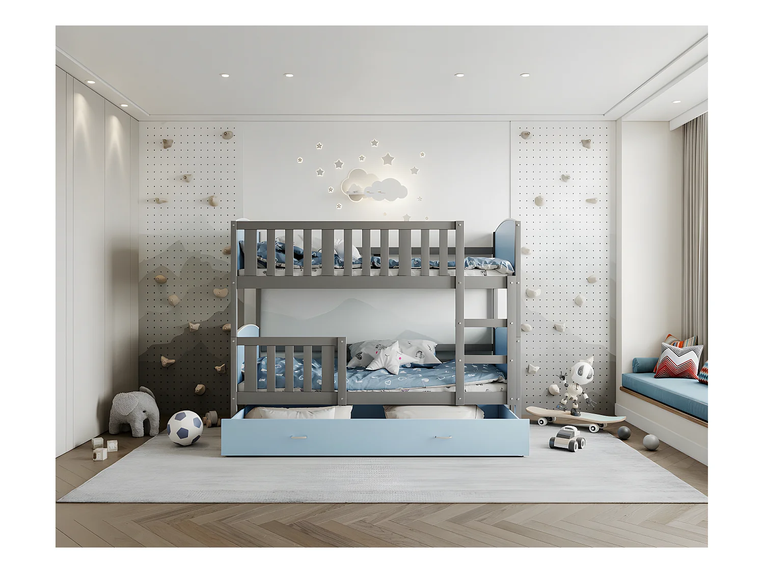 Lit Superposé Tami 90x190  (Sans Matelas) Gris - bleu Livré avec le sommiers et tiroir.