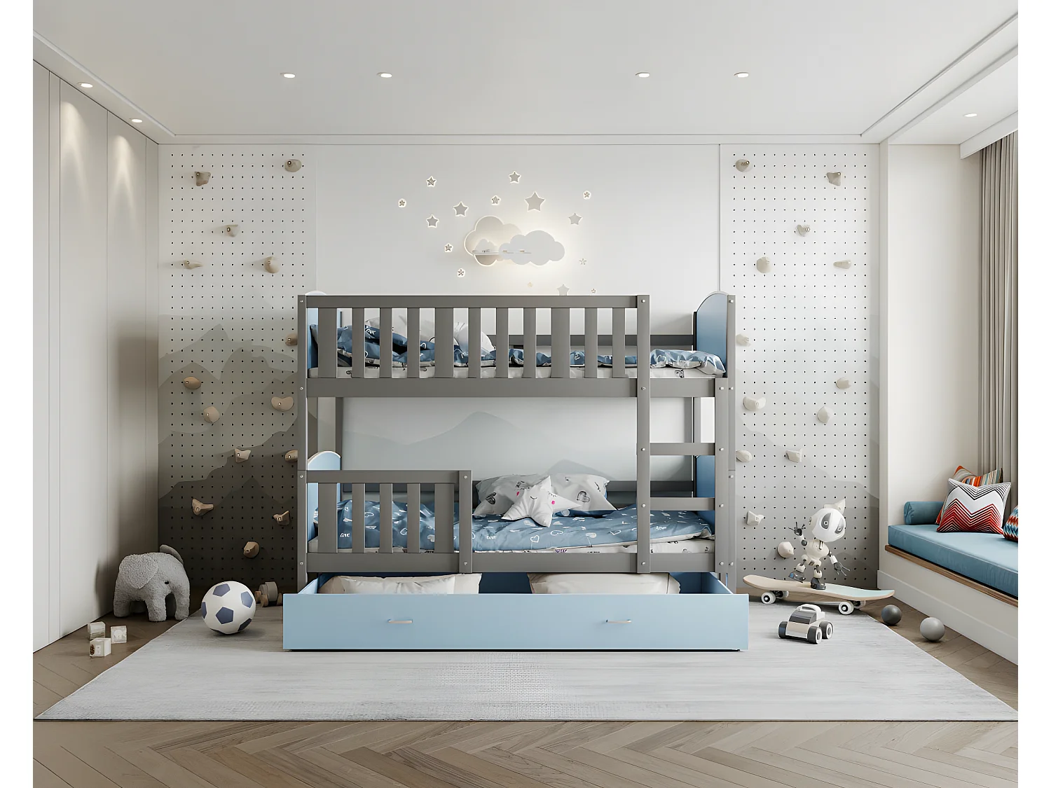 Lit Superposé Tami 90x190  (Sans Matelas) Gris - bleu Livré avec le sommiers et tiroir.