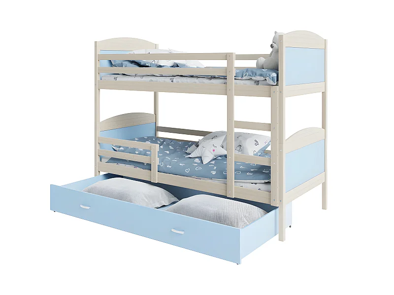 Lit Superposé Mateo 90x190 Pin - bleu Livré avec sommiers, tiroir et matelas en mousse de 7cm
