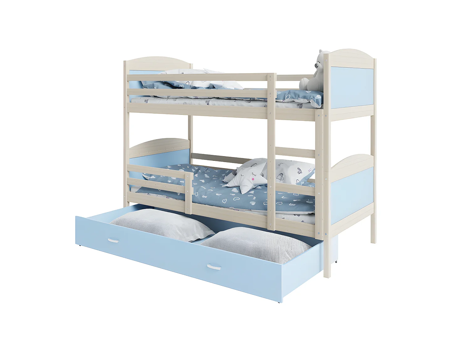 Lit Superposé Mateo 90x190 Pin - bleu Livré avec sommiers, tiroir et matelas en mousse de 7cm