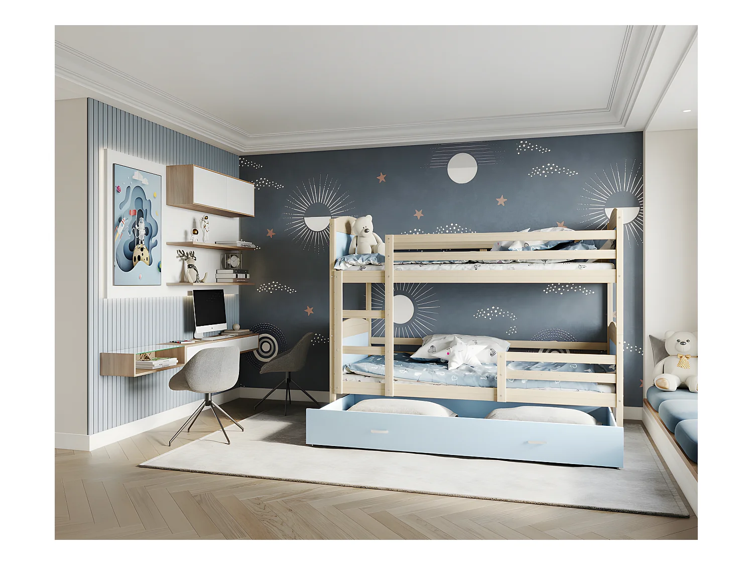 Lit Superposé Mateo 90x190 Pin - bleu Livré avec sommiers, tiroir et matelas en mousse de 7cm
