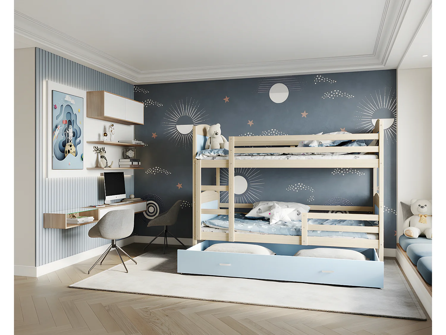 Lit Superposé Mateo 90x190 Pin - bleu Livré avec sommiers, tiroir et matelas en mousse de 7cm
