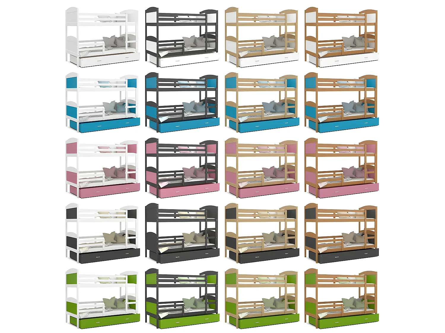 Lit Superposé Mateo 90x190 Pin - bleu Livré avec sommiers, tiroir et matelas en mousse de 7cm