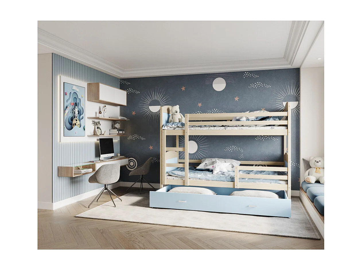 Lit Superposé Mateo 90x190 tiroir + Matelas Pin - bleu