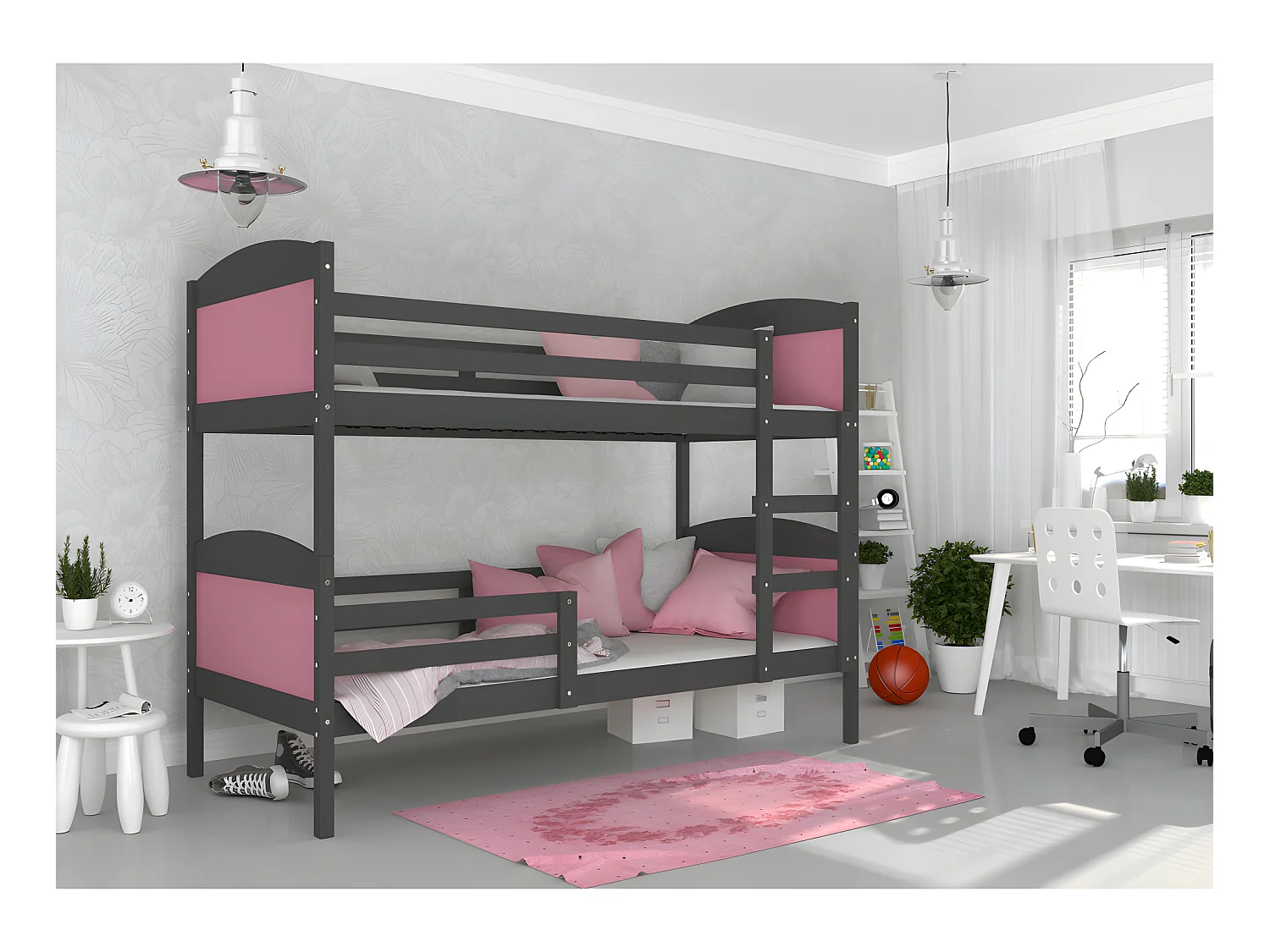 Lit Superposé Mati 90x190 Gris - rose Livré avec sommiers