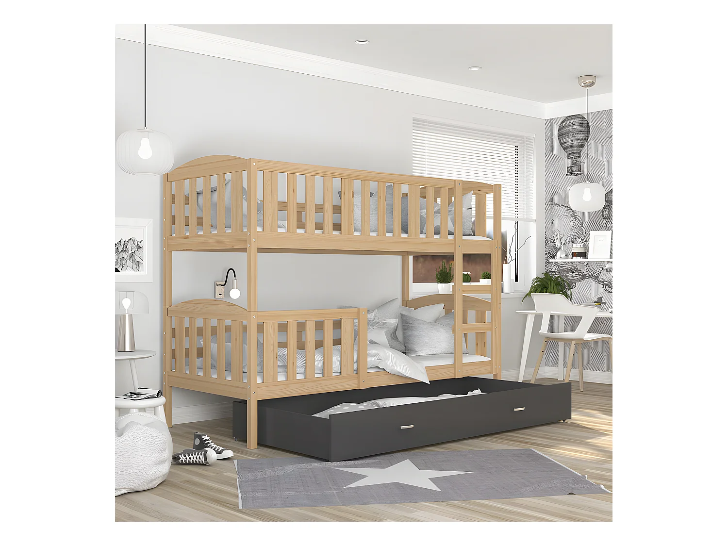Lit Superposé Teo 90x190 Pin - gris Livré avec sommiers, tiroir et matelas en mousse de 7cm