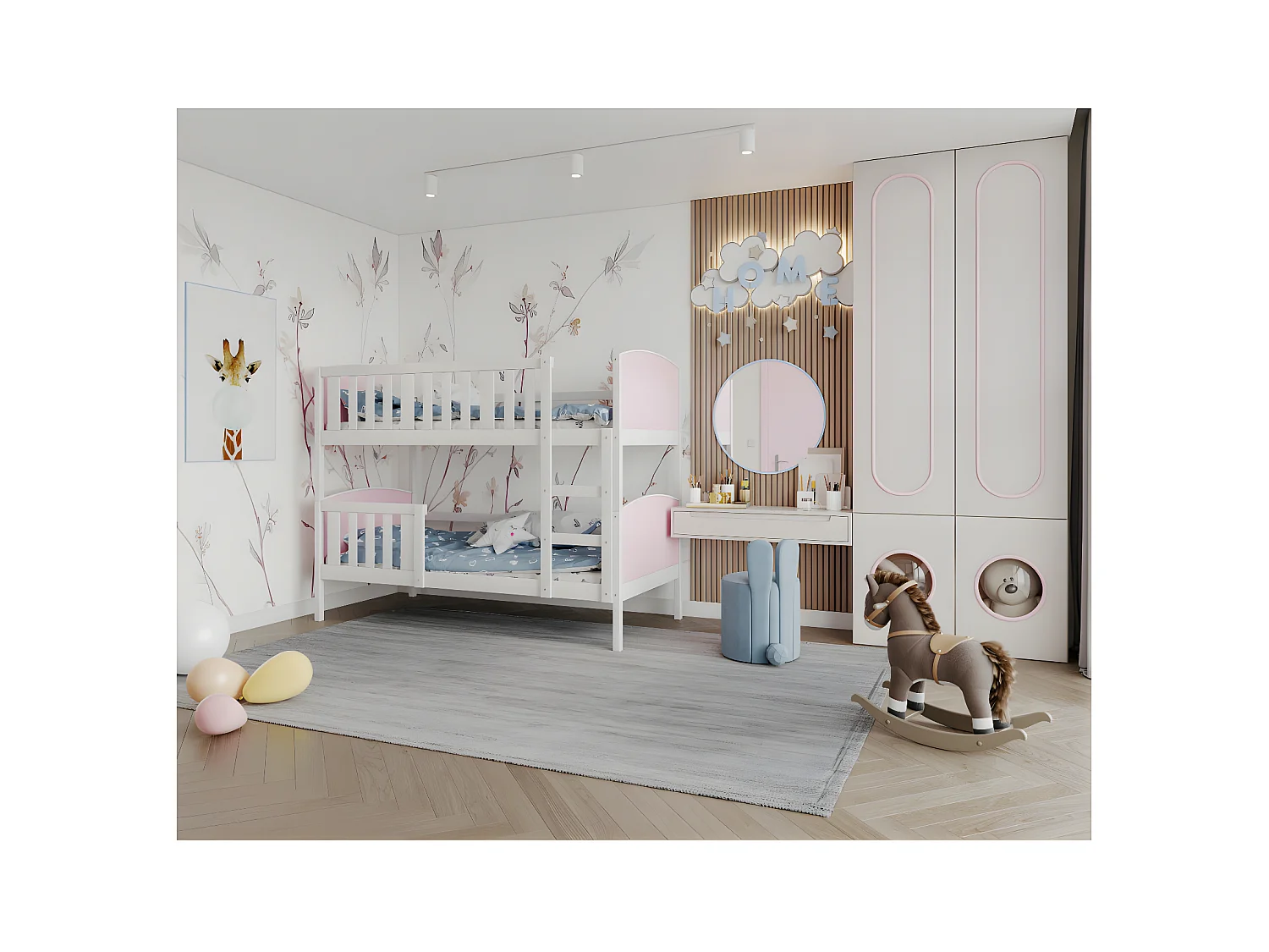 Lit Superposé Tom 90x190 Blanc - rose Livré avec sommiers