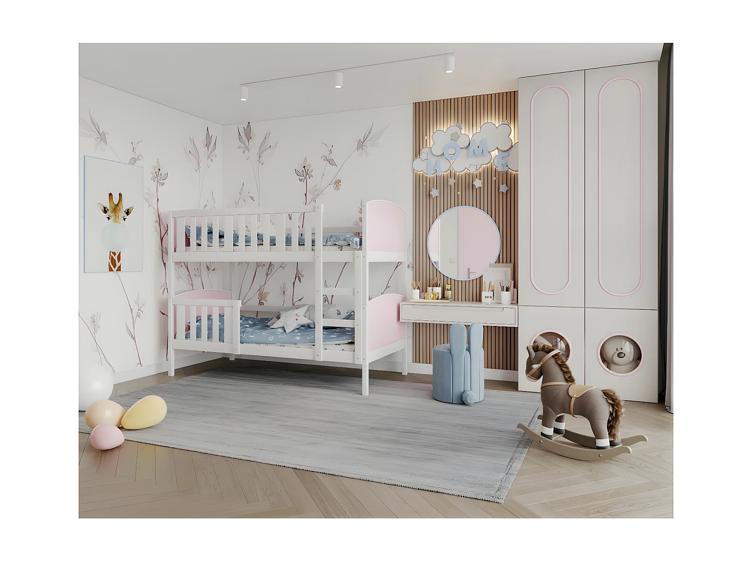 Lit Superposé Tom 90x190 Blanc - rose Livré avec sommiers