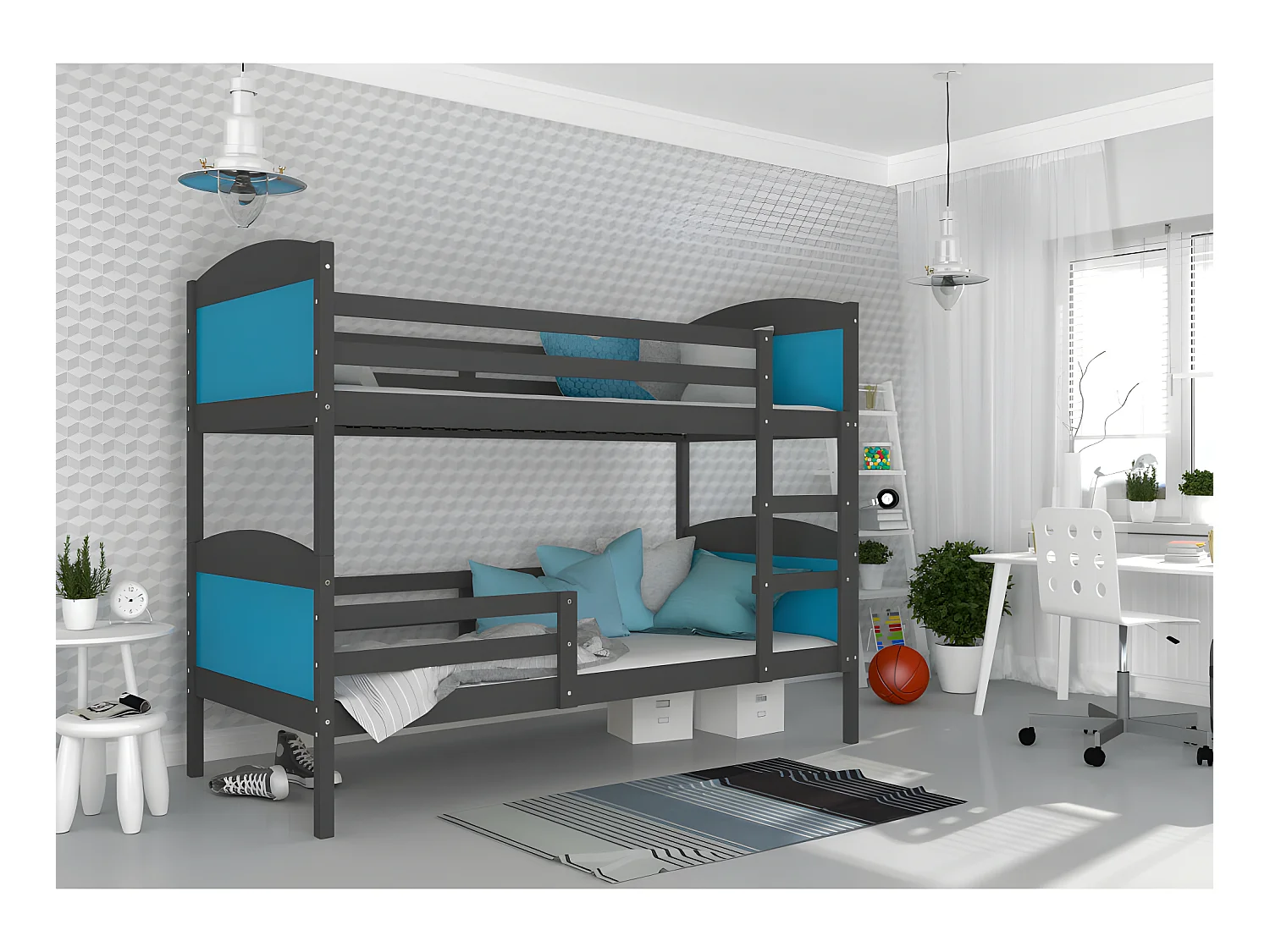 Lit Superposé Mati 90x190 Gris - bleu Livré avec sommiers