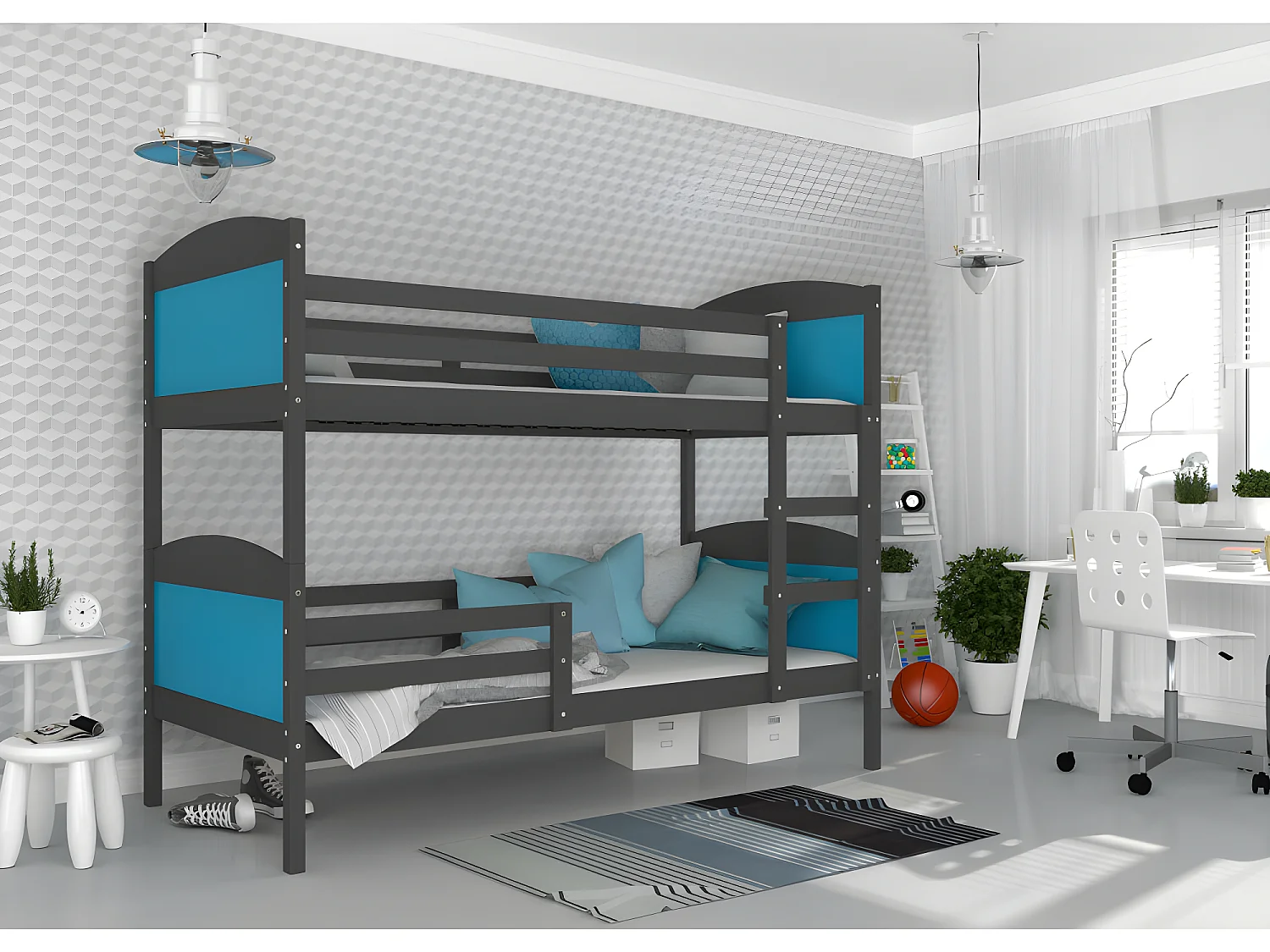 Lit Superposé Mati 90x190 Gris - bleu Livré avec sommiers