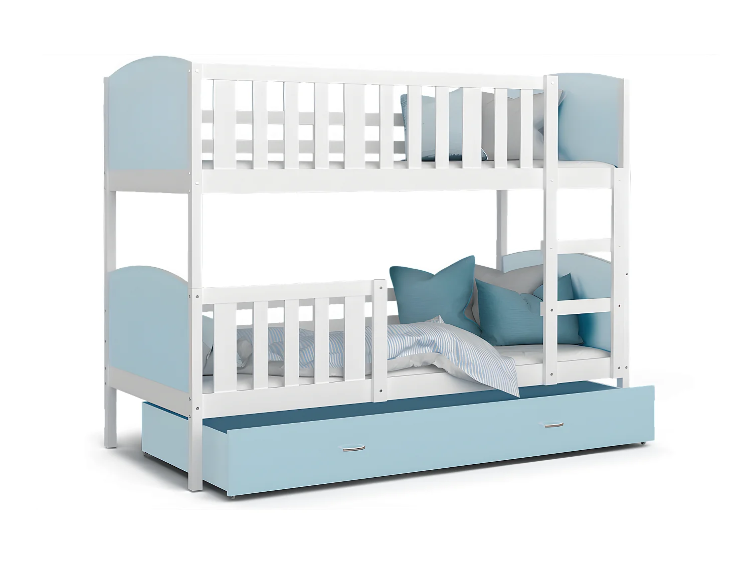 Lit Superposé Tami 90x190  (Sans Matelas) Blanc - bleu Livré avec le sommiers et tiroir.